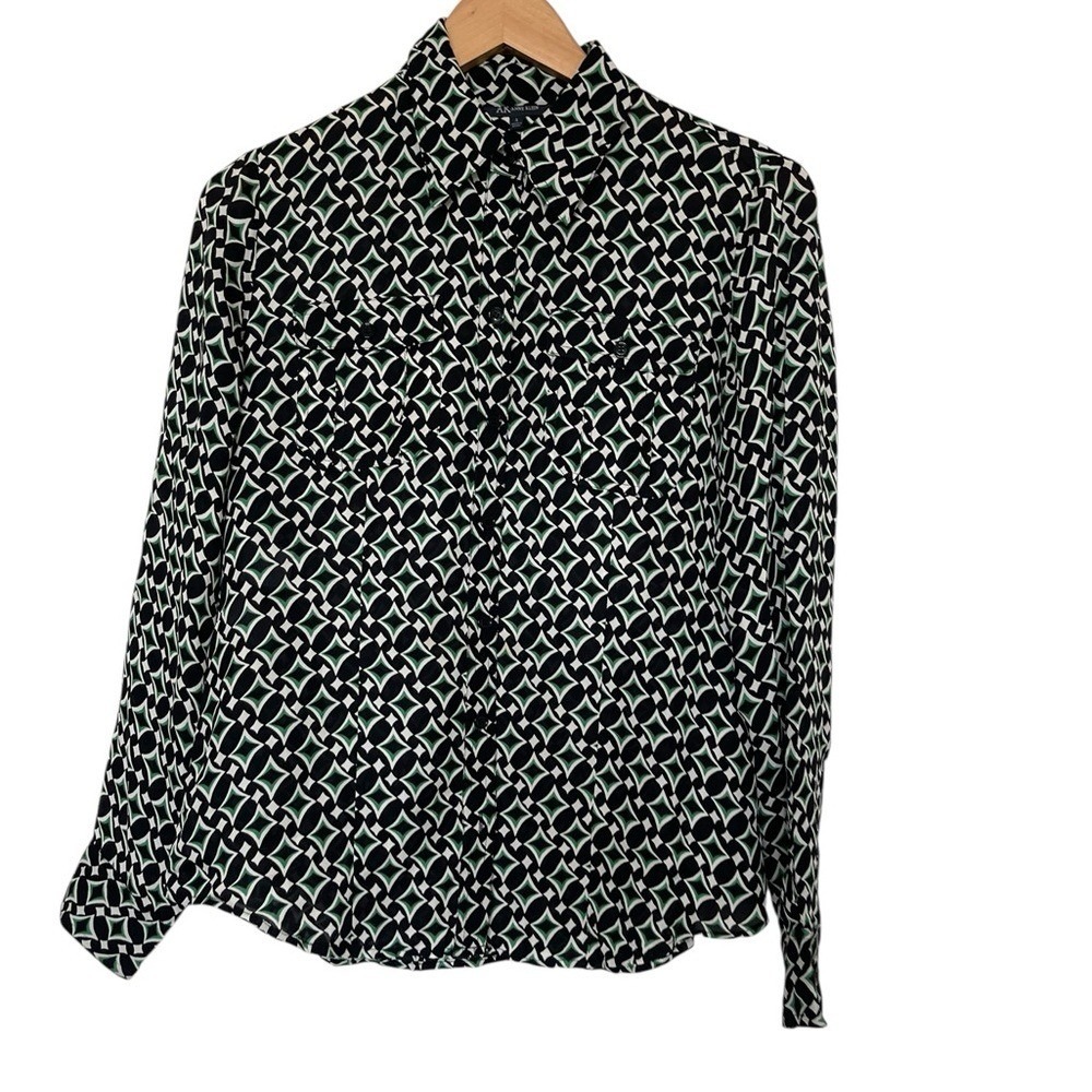 Anne Klein Silk Blouse Womens 4 Black Green Geometric Diamond‎ Button Down Shirt